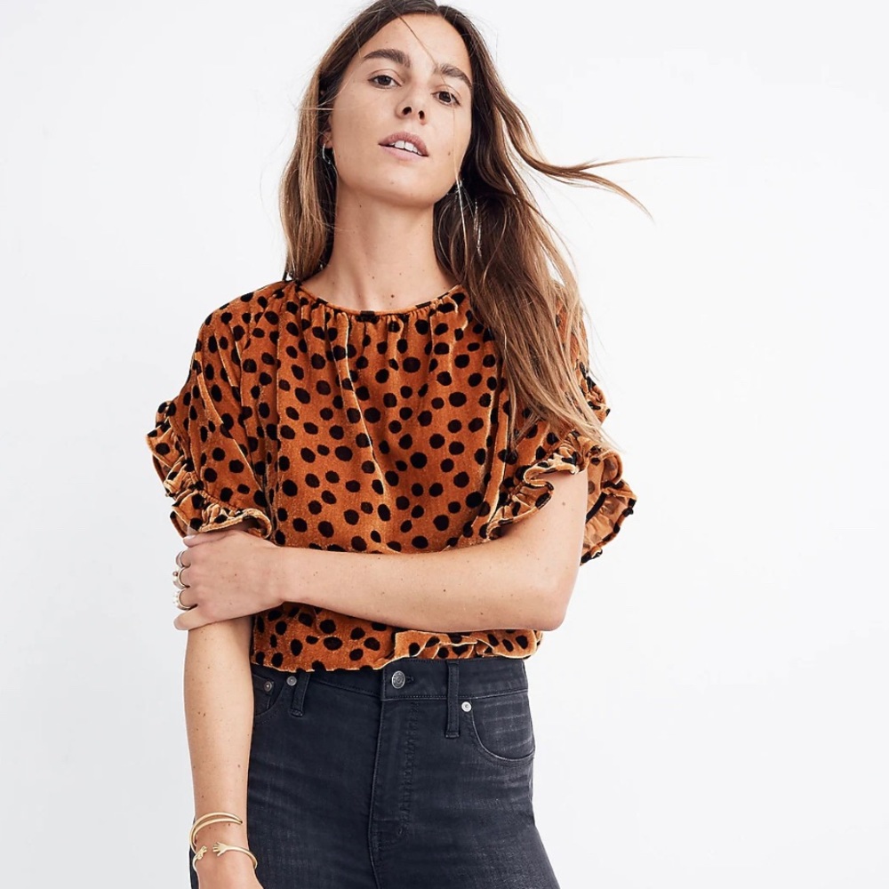 Madewell Memento Velvet Ruffle Sleeve Top in Leopard Dot